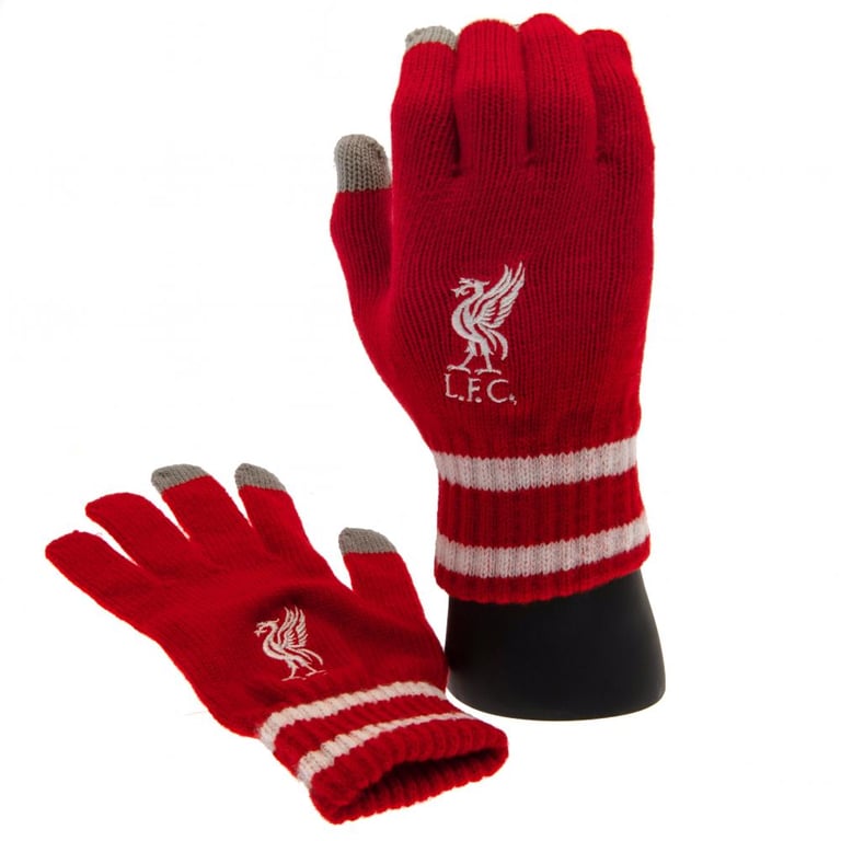 Liverpool FC Youth Touchscreen Knitted Gloves - Red with White Stripe & Embroidered Crest