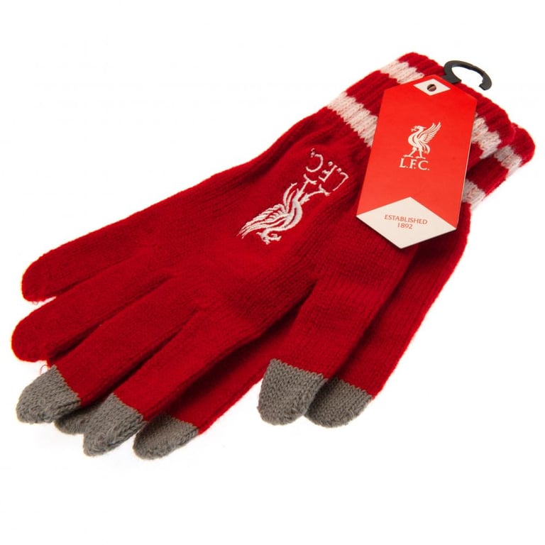 Liverpool FC Youth Touchscreen Knitted Gloves - Red with White Stripe & Embroidered Crest