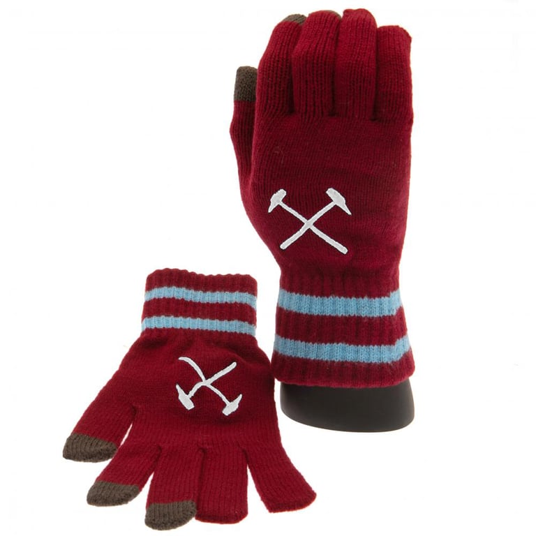 West Ham United Youth Touchscreen Knitted Gloves - Claret Blue Stripe Embroidered Crest