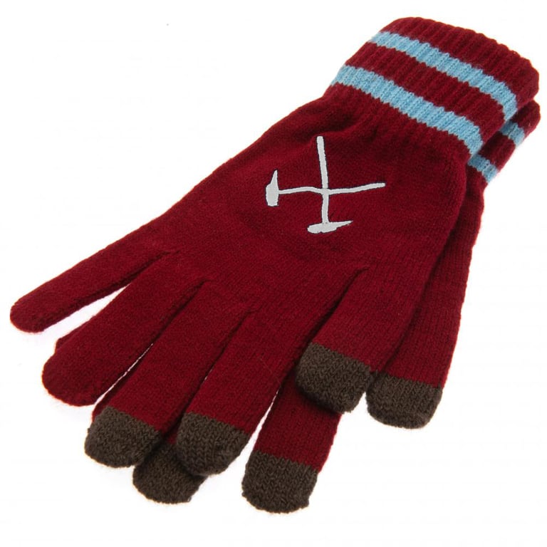 West Ham United Youth Touchscreen Knitted Gloves - Claret Blue Stripe Embroidered Crest
