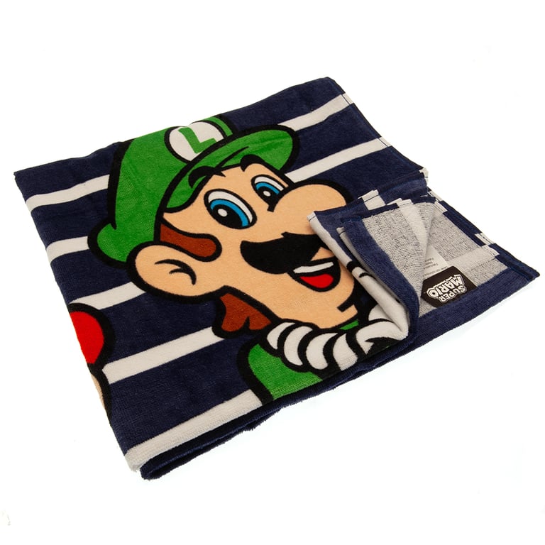 Super Mario Velour Beach Towel - 100 Cotton Blue Stripe Design Featuring Mario and Luigi