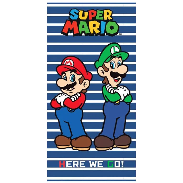Super Mario Velour Beach Towel - 100 Cotton Blue Stripe Design Featuring Mario and Luigi