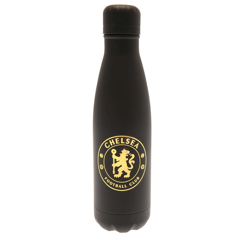 Chelsea FC Stainless Steel Thermal Flask - 24hr Temperature Control, Black Bottle with Gold Crest