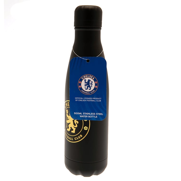 Chelsea FC Stainless Steel Thermal Flask - 24hr Temperature Control, Black Bottle with Gold Crest