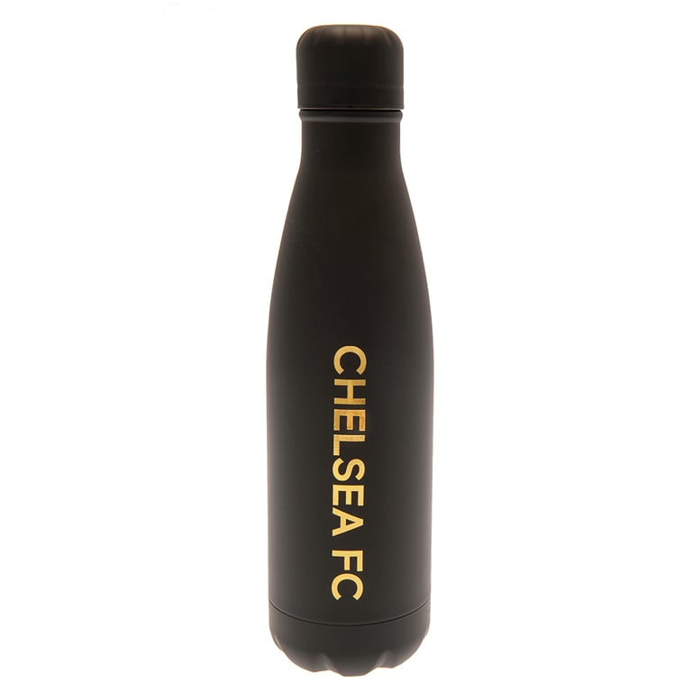 Chelsea FC Stainless Steel Thermal Flask - 24hr Temperature Control, Black Bottle with Gold Crest
