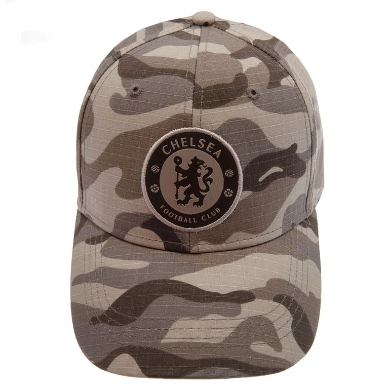 Chelsea FC Camo Cap - Adjustable Khaki Green Curved Brim Baseball Hat with Grey Crest Embroidery