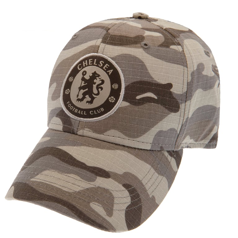 Chelsea FC Camo Cap - Adjustable Khaki Green Curved Brim Baseball Hat with Grey Crest Embroidery