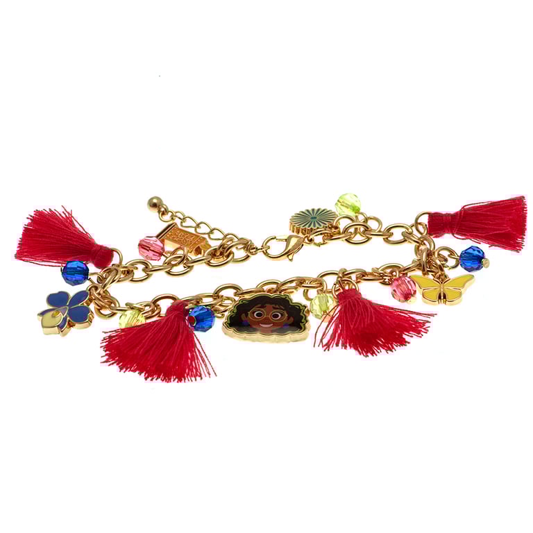 Gold Encanto Fashion Bracelet with Pink Tassels and Extendable Link Design