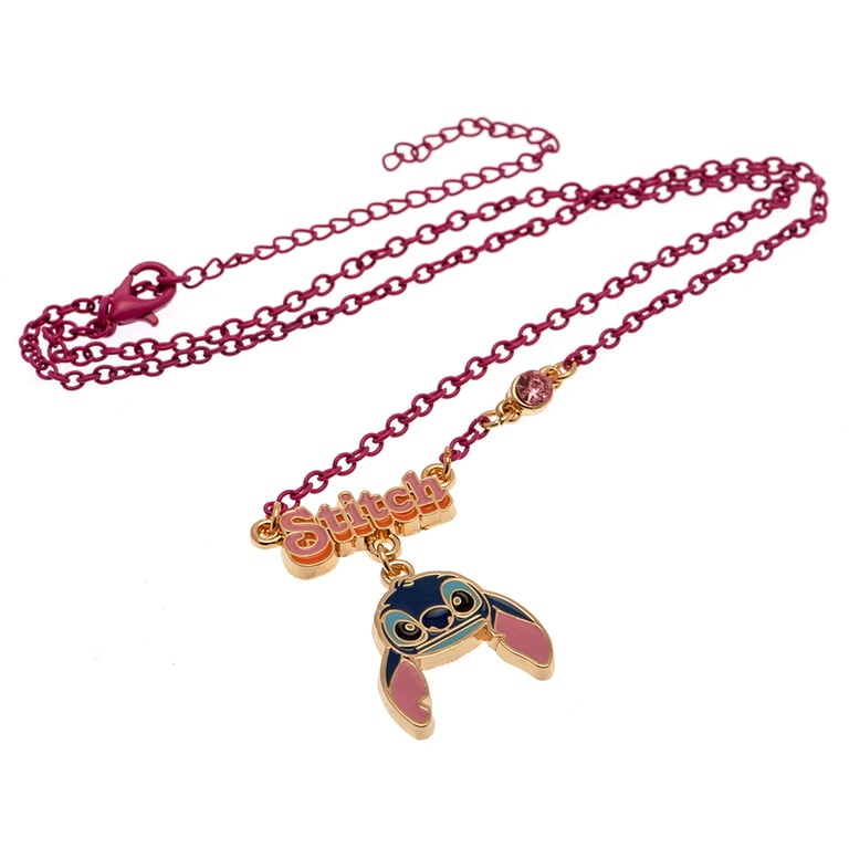 Lilo & Stitch Pink Chain Necklace with Stitch Charm and Gemstone Accents