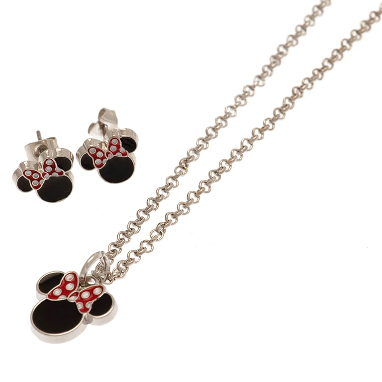 Minnie Mouse Fashion Jewellery Necklace & Earring Set - Silver Chain and Stud Earrings