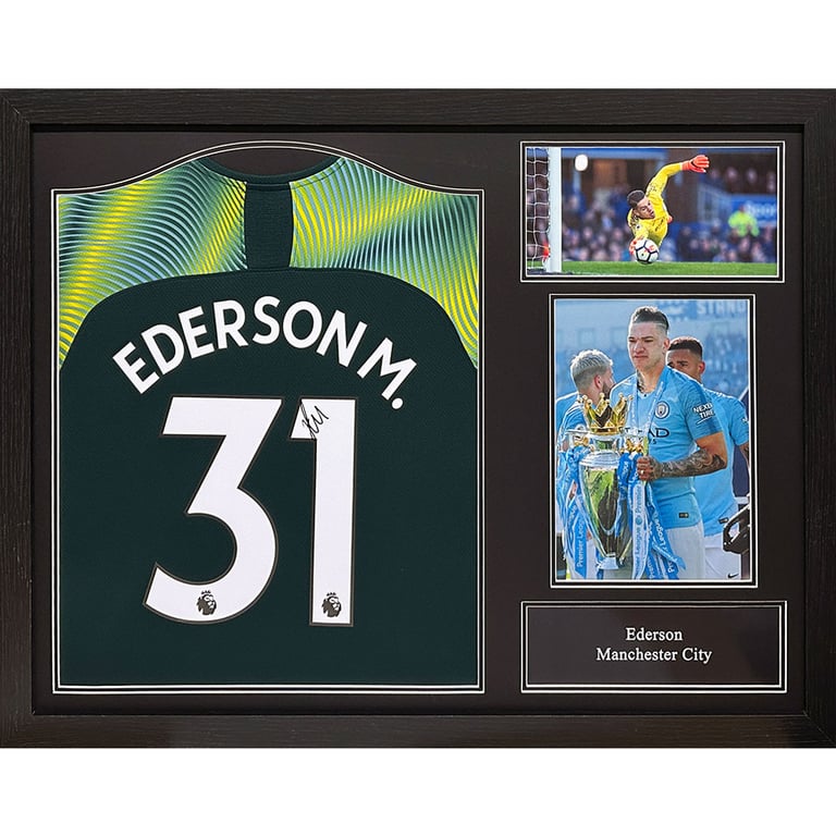 Manchester City FC Ederson Signed 2019-20 Season Replica Goalkeeper Shirt - Framed with Certificate of Authenticity