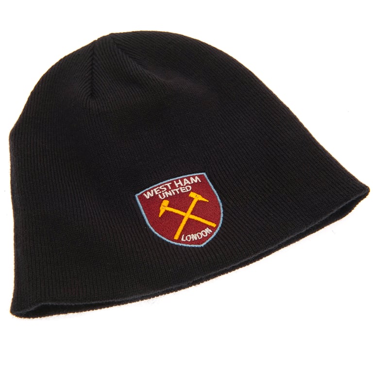 West Ham United FC Navy Beanie - Dome Style Knitted Hat with Embroidered Crest