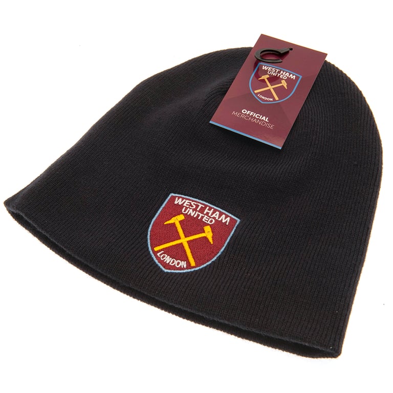West Ham United FC Navy Beanie - Dome Style Knitted Hat with Embroidered Crest