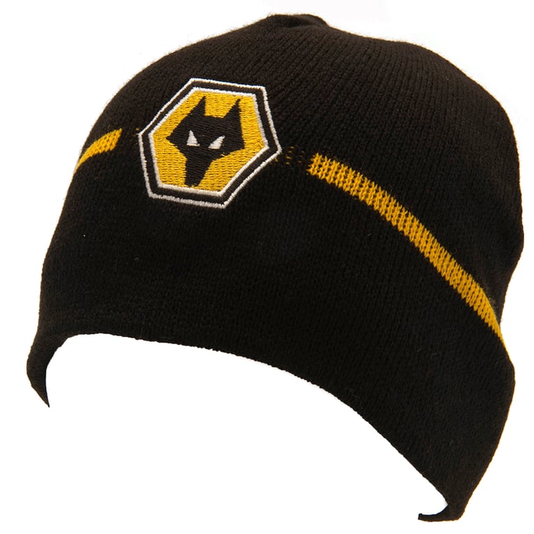Wolverhampton Wanderers FC Stripe Beanie - Black Dome Style Hat with Yellow Band and Full Colour Crest