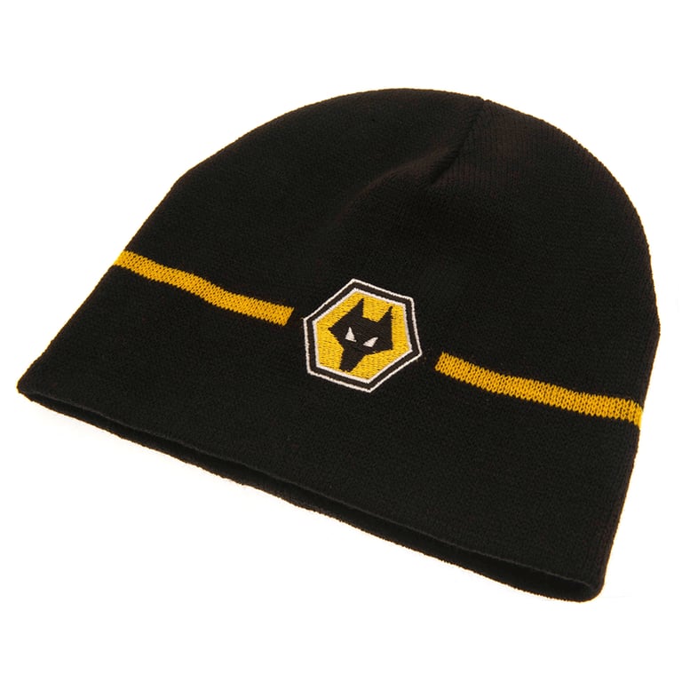 Wolverhampton Wanderers FC Stripe Beanie - Black Dome Style Hat with Yellow Band and Full Colour Crest