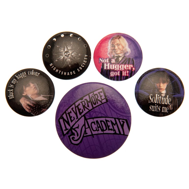 Wednesday Button Badge Set - Trendy School Badges with Safety Pin Fixing