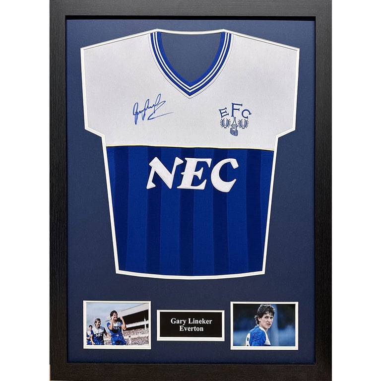 Everton FC 1986 Gary Lineker Signed Replica Shirt (Framed) - Authentic Autograph & Certificate