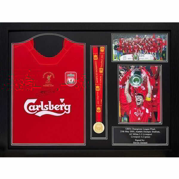 Liverpool FC 2005 Gerrard Signed Replica Shirt & UEFA Champions League Winners Medal (Framed)