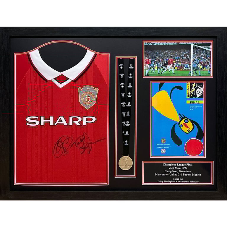 Manchester United FC 1999 Signed Shirt & Medal (Framed) with Solskjaer & Sheringham Autographs