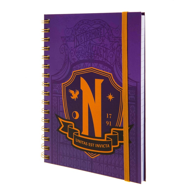 Wednesday A5 Spiral Bound Purple Notebook with Nevermore Academy Crest and Lined Pages