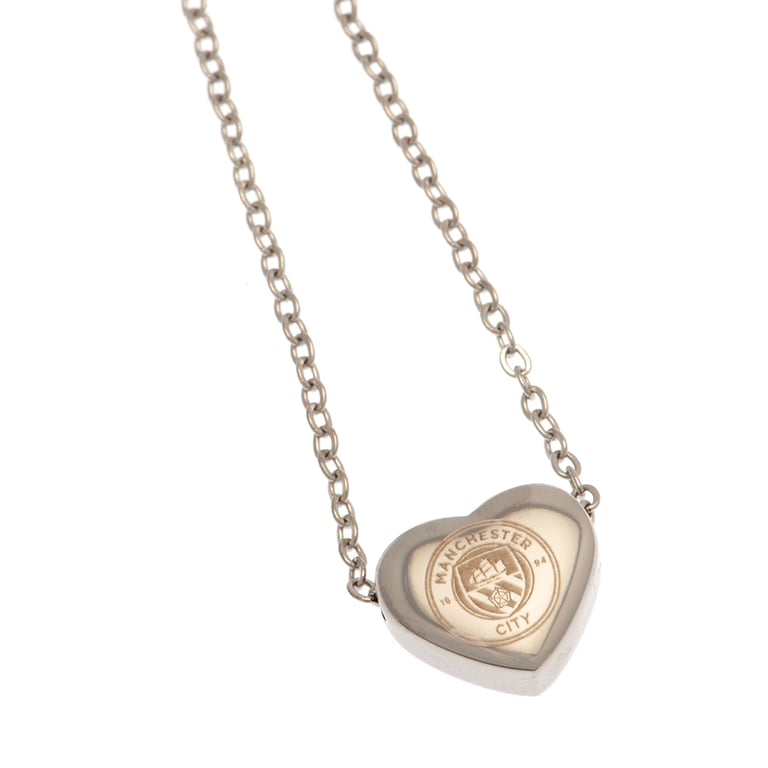 Manchester City FC Stainless Steel Heart Necklace with Chrome Finish and Engraved Crest