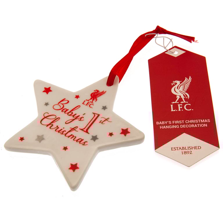 Liverpool FC Baby s First Christmas Decoration - Star Shaped Liverbird Crest Ornament with Red Satin Ribbon