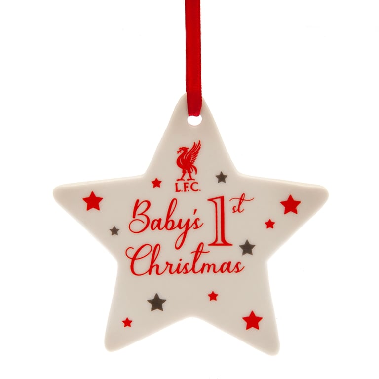 Liverpool FC Baby s First Christmas Decoration - Star Shaped Liverbird Crest Ornament with Red Satin Ribbon