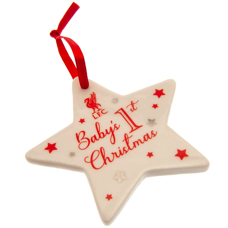 Liverpool FC Baby s First Christmas Decoration - Star Shaped Liverbird Crest Ornament with Red Satin Ribbon