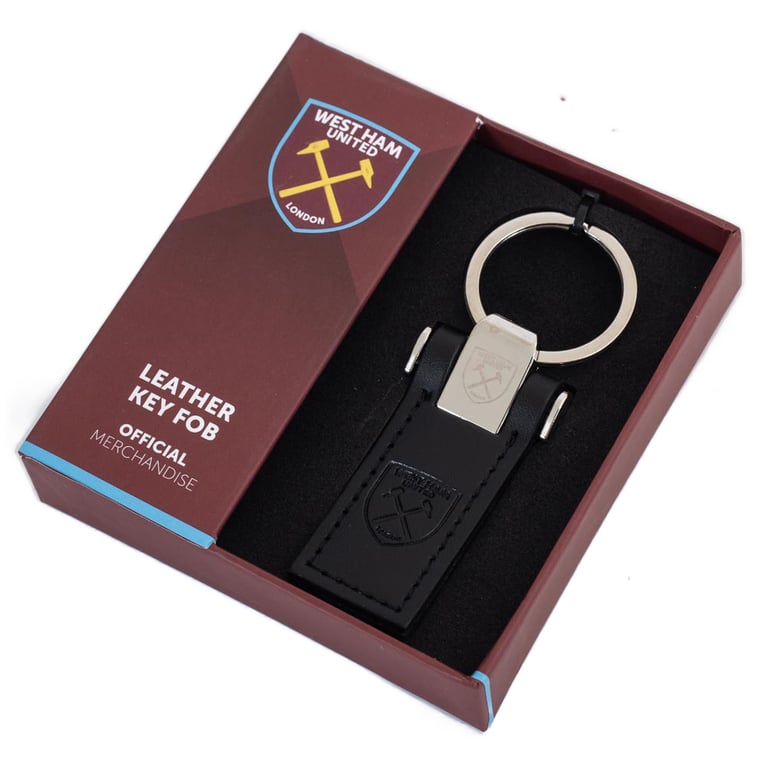 Executive West Ham United FC Leather Key Fob - Debossed Crest Keyring with Metal Keeper Top