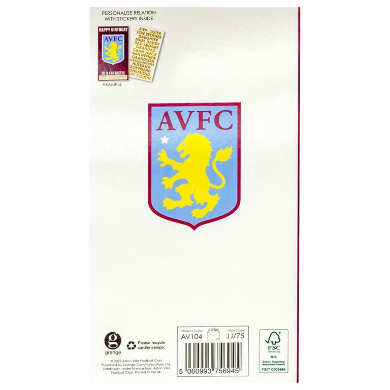 Aston Villa FC Personalised Claret and Blue Birthday Card with Crest and Family Stickers