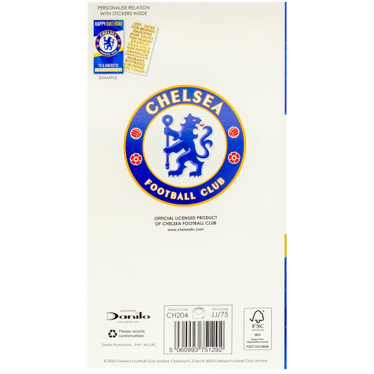 Chelsea FC Personalised Birthday Card - Blue Gloss Finish with Crest and Stadium Graphic