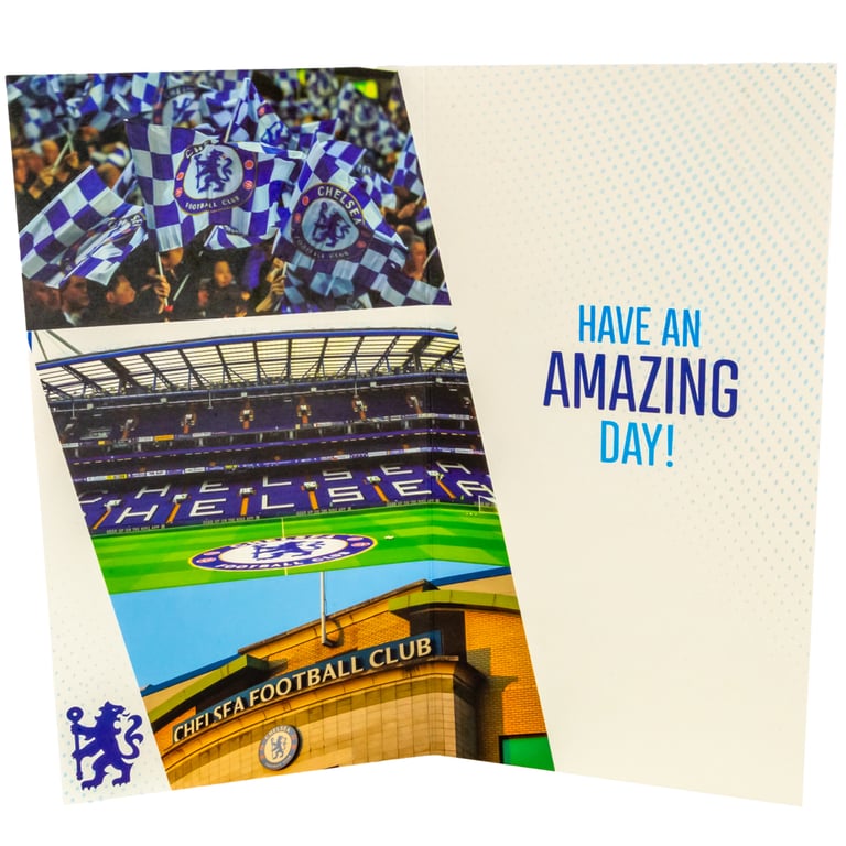 Chelsea FC Personalised Birthday Card - Blue Gloss Finish with Crest and Stadium Graphic
