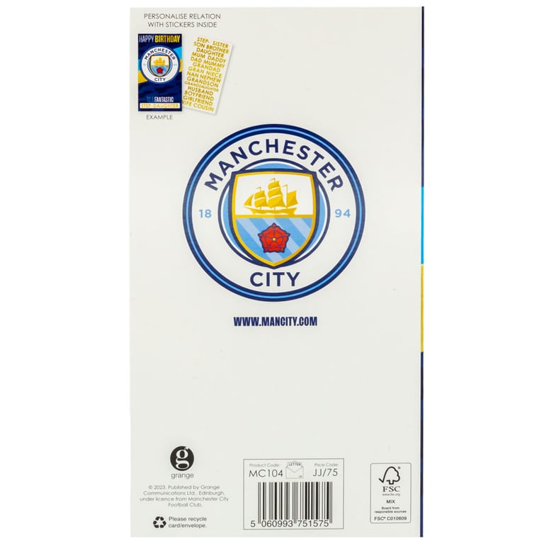 Manchester City FC Personalised Birthday Card - Customisable with Man City Crest and Family Relation Stickers