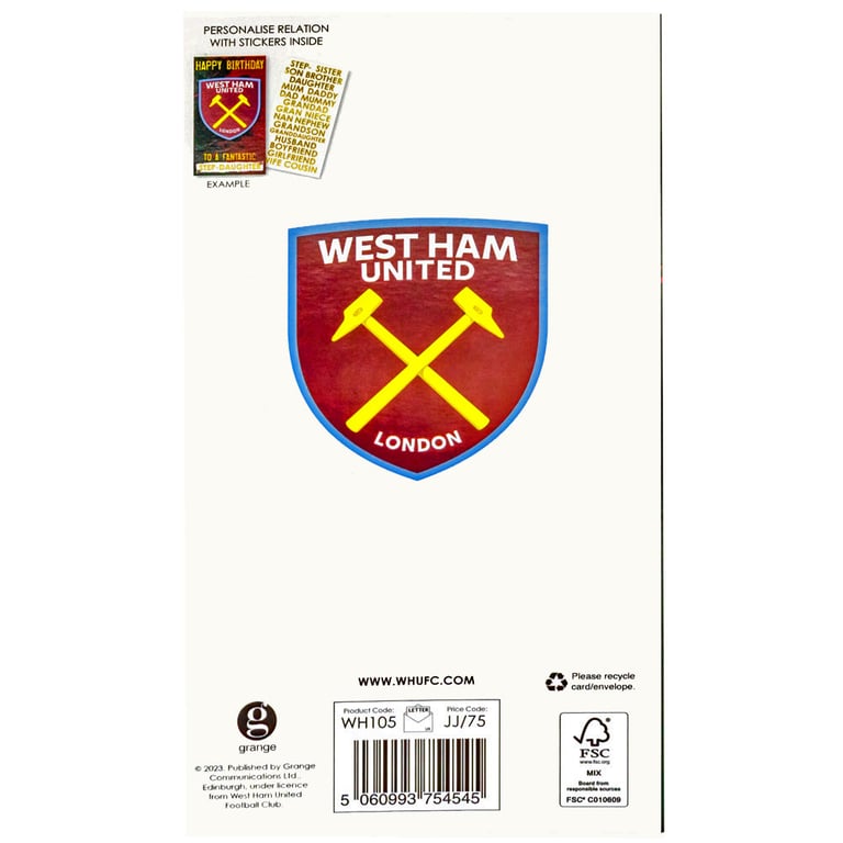 West Ham United FC Personalised Birthday Card - Claret & Blue Crest Design with Stadium Graphic and Family Relation Stickers