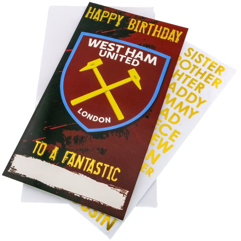 West Ham United FC Personalised Birthday Card - Claret & Blue Crest Design with Stadium Graphic and Family Relation Stickers