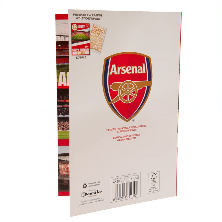 Arsenal FC Personalised Birthday Card with Colourful Glossy Finish and Gold Stickers