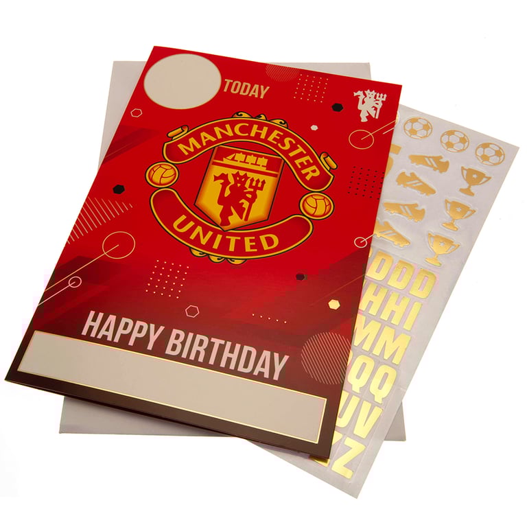 Manchester United FC Birthday Card With Personalisable Name & Age and Gold Stickers