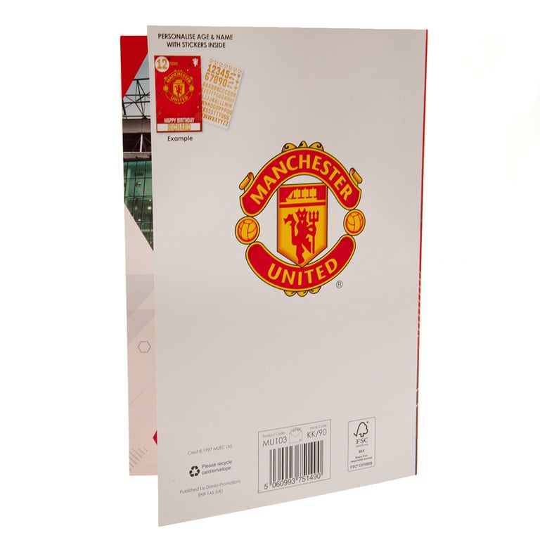 Manchester United FC Birthday Card With Personalisable Name & Age and Gold Stickers
