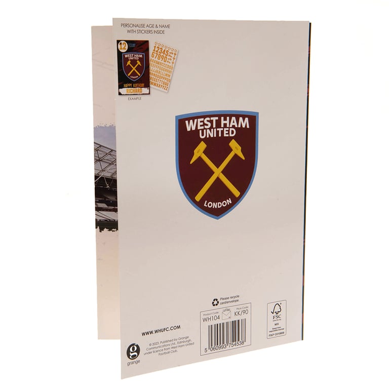 West Ham United FC Personalised Birthday Card with Claret and Blue Stickers