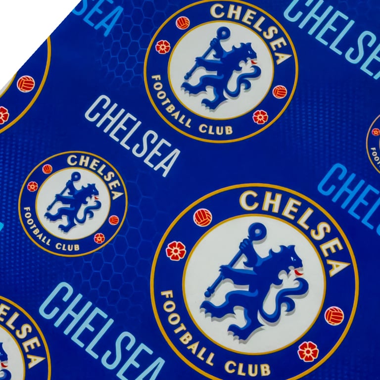 Chelsea FC Text Gift Wrap - Vibrant Blue Background with Crested Gift Tags