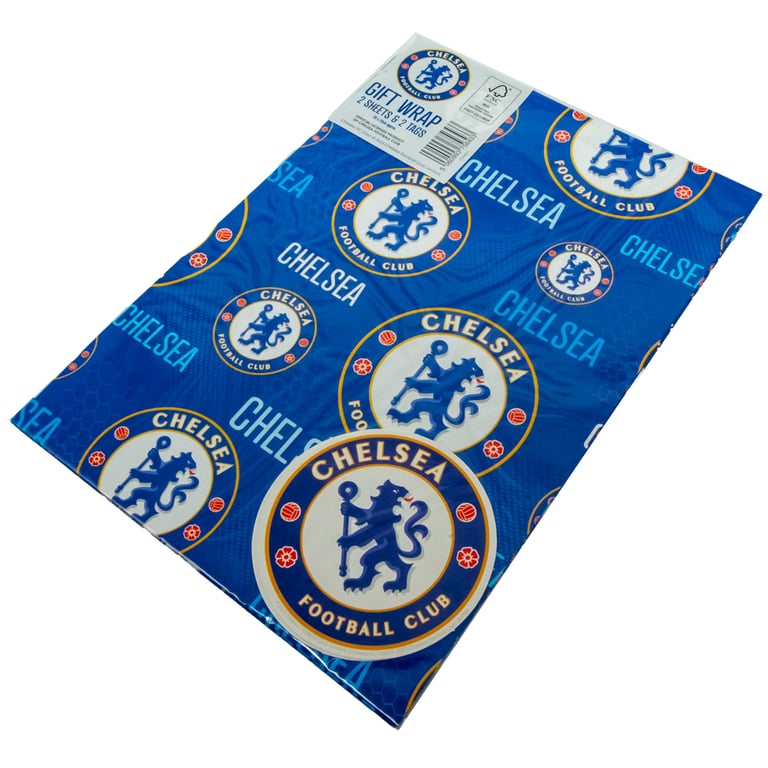 Chelsea FC Text Gift Wrap - Vibrant Blue Background with Crested Gift Tags