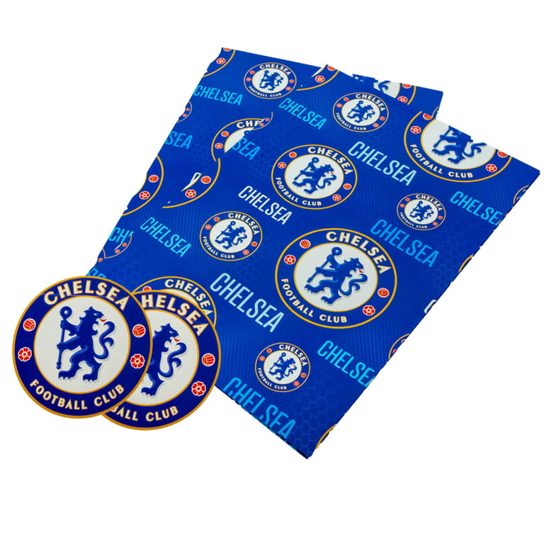 Chelsea FC Text Gift Wrap - Vibrant Blue Background with Crested Gift Tags