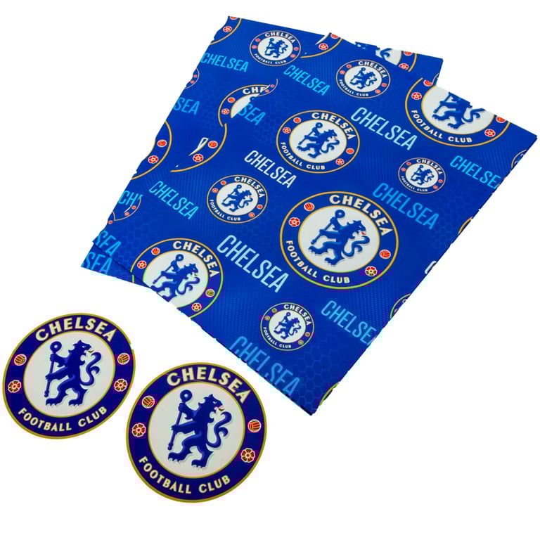 Chelsea FC Text Gift Wrap - Vibrant Blue Background with Crested Gift Tags