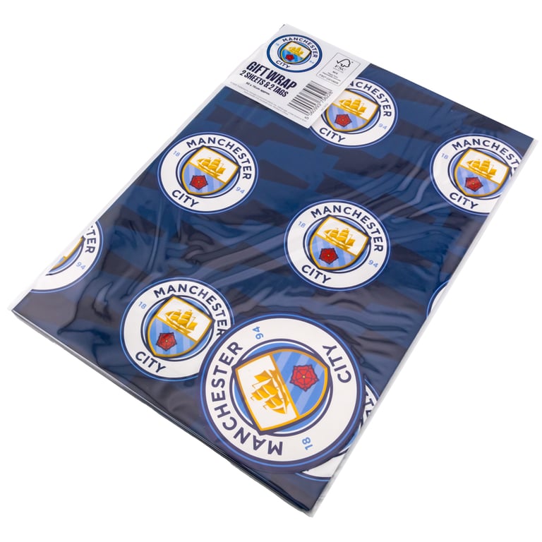 Manchester City FC Text Gift Wrap - 2 Sheets Blue Background Crest Design with Tags