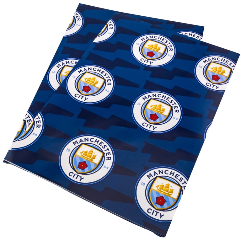 Manchester City FC Text Gift Wrap - 2 Sheets Blue Background Crest Design with Tags