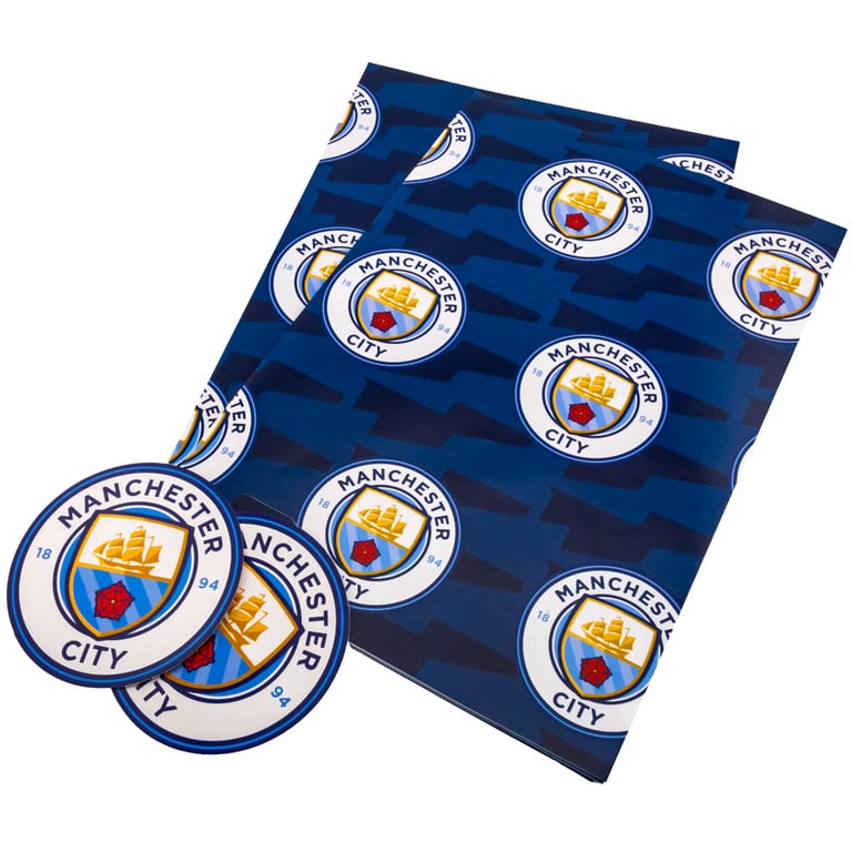 Manchester City FC Text Gift Wrap - 2 Sheets Blue Background Crest Design with Tags