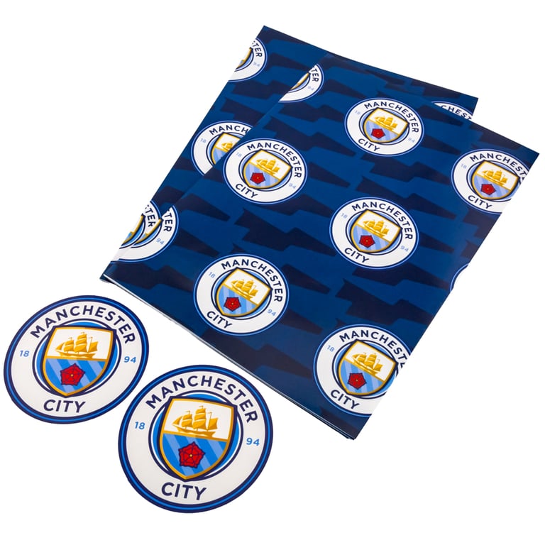 Manchester City FC Text Gift Wrap - 2 Sheets Blue Background Crest Design with Tags