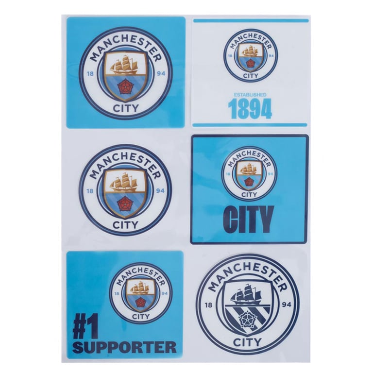 Manchester City FC High Quality Car Decal Set - 6 Assorted Designs on A4 Gloss Finish Sheet