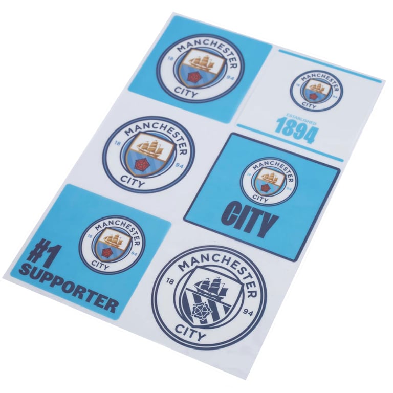 Manchester City FC High Quality Car Decal Set - 6 Assorted Designs on A4 Gloss Finish Sheet