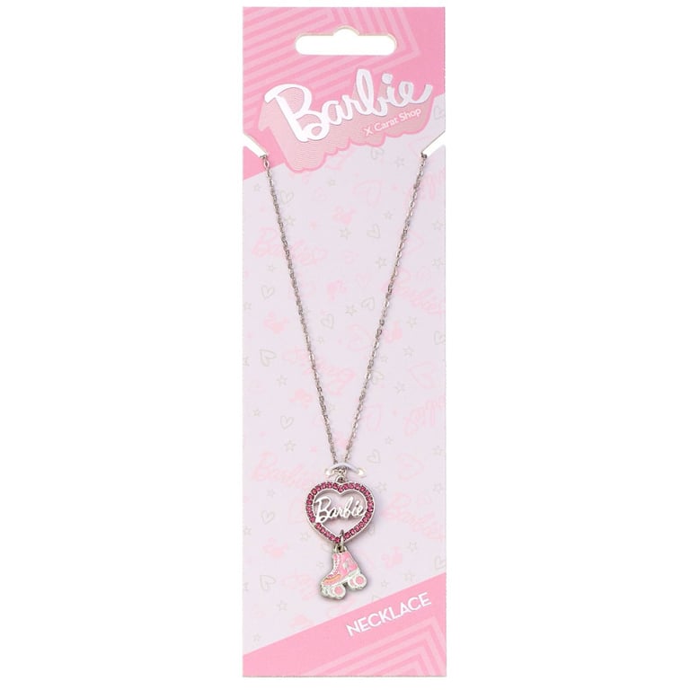 Barbie Silver Plated Heart & Roller Skate Necklace - Official Collection with Pink Crystal and Enamel Details
